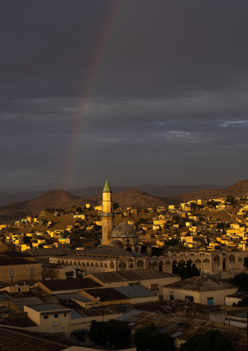 Rainbow over the mosque in the town, Semien-Keih-Bahri, Keren, Eritrea