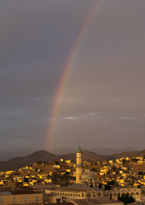 Rainbow over the mosque in the town, Semien-Keih-Bahri, Keren, Eritrea