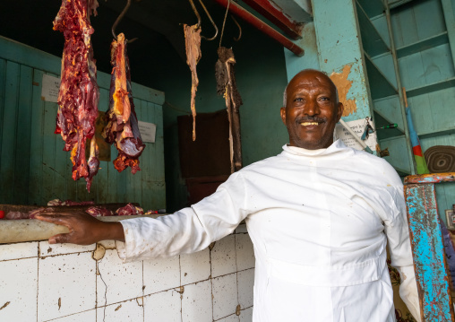 Butcher selling meat in his shop, Northern Red Sea, Massawa, Eritrea