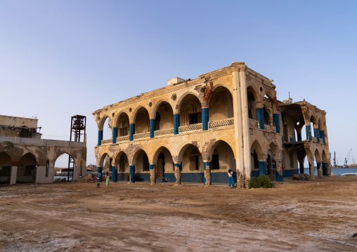 Tourists visiting the ruins of the old palace of Haile Selassie, Northern Red Sea, Massawa, Eritrea
