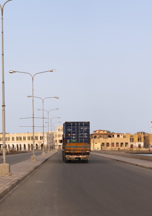 Truck carrying a container in the port, Northern Red Sea, Massawa, Eritrea