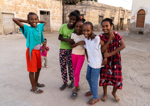 Smiling group of eritrean girls in the street, Northern Red Sea, Massawa, Eritrea