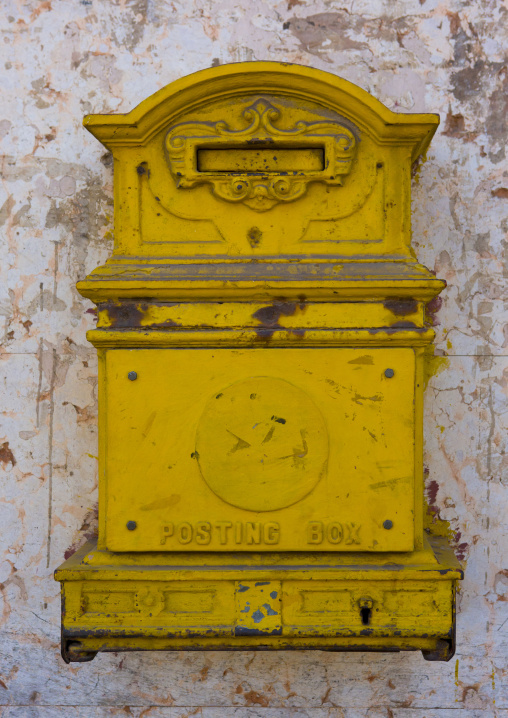 Yellow letter box from english colonial times, Central Region, Asmara, Eritrea
