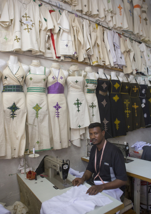 Tailor in his shop selling traditional clothing, Central Region, Asmara, Eritrea