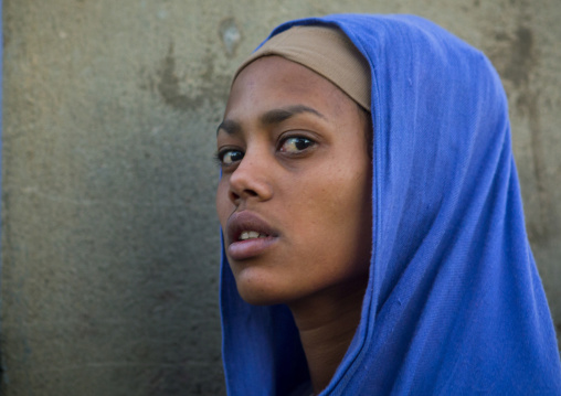 Portrait of an eritrean young woman with a blue veil, Central Region, Asmara, Eritrea