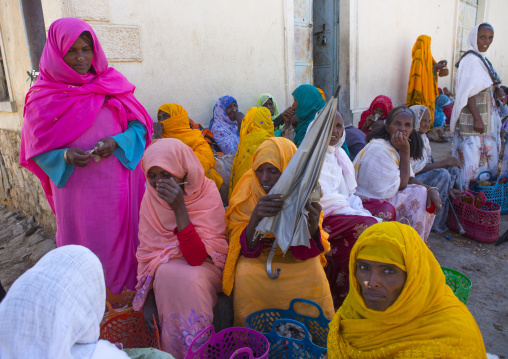 Eritrean women with colorful traditional clothing in the market, Debub, Adi Keyh, Eritrea