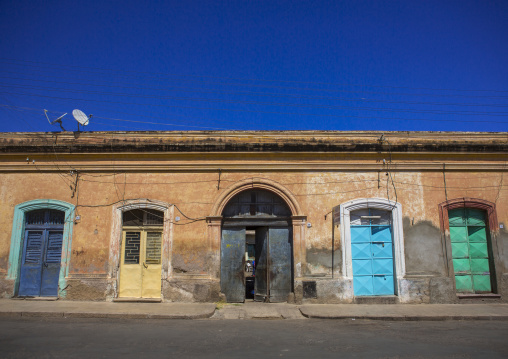 Old italian colonial house with colorful doors, Central Region, Asmara, Eritrea