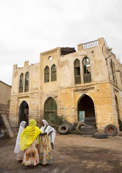 Eritrean women chatting in front of an old ottoman house, Northern Red Sea, Massawa, Eritrea