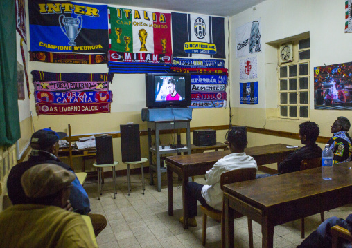 Football match on television in casa degli italiani television room, Central Region, Asmara, Eritrea