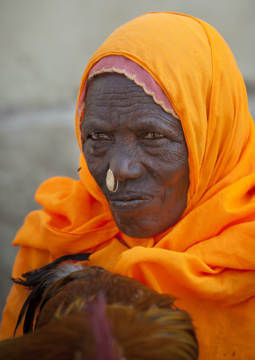 Portrait of an eritrean woman with gold nose ring, Debub, Adi Keyh, Eritrea