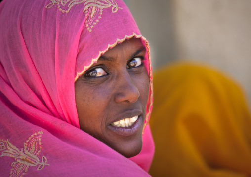 Portrait of an eritrean woman with pink scarf, Debub, Adi Keyh, Eritrea