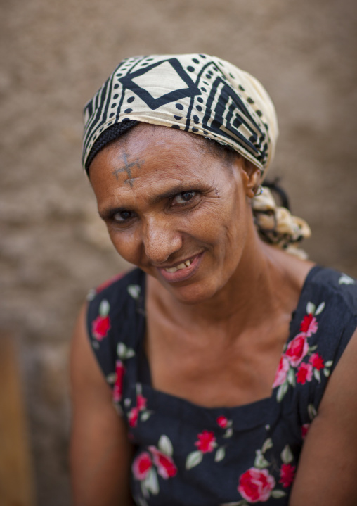 Eritrean woman with a christian tatoo on the forehead, Northern Red Sea, Massawa, Eritrea