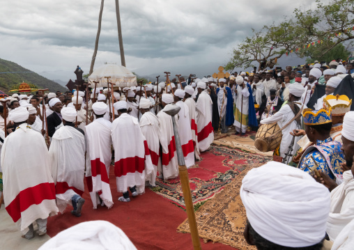 Priests dancing during a celebration in Bilbaia Giorgis, Amhara Region, Lalibela, Ethiopia