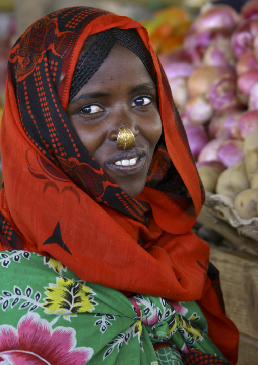 Portrait of an eritrean woman with nose ring, Anseba, Keren, Eritrea