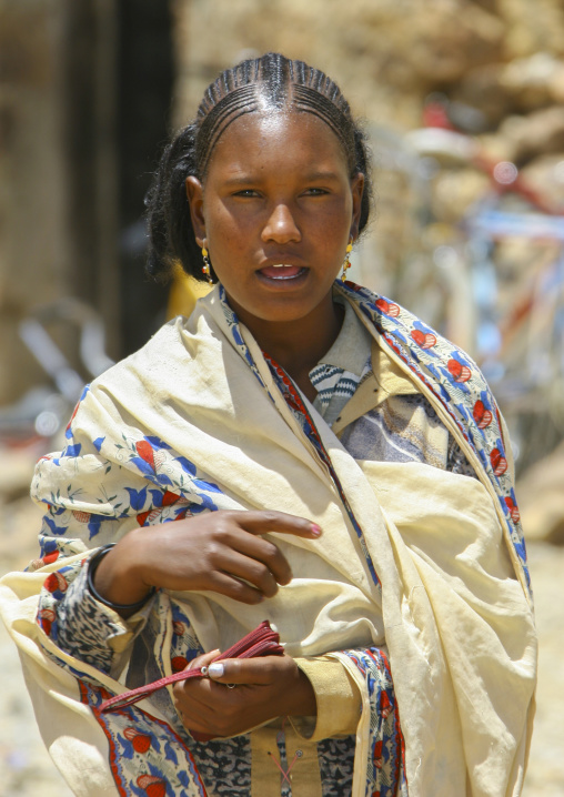 Portrait of an eritrean woman with traditional hairstyle, Debub, Senafe, Eritrea