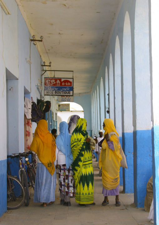 Eritrean women chatting under arcades, Anseba, Keren, Eritrea