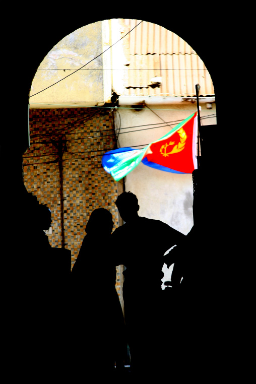 Market entrance with an eritrean flag, Central Region, Asmara, Eritrea