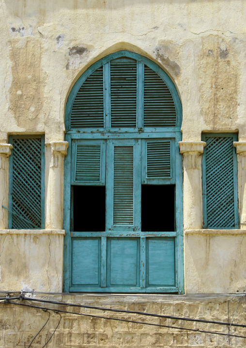 Green window of an old ottoman house, Northern Red Sea, Massawa, Eritrea
