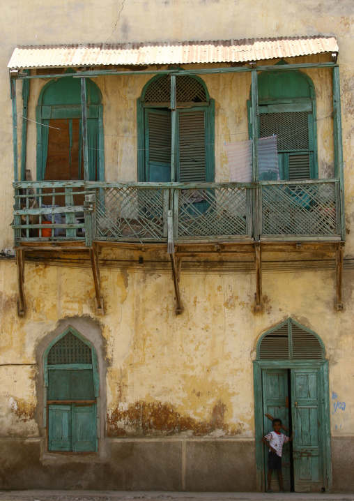 Green window of an old ottoman house, Northern Red Sea, Massawa, Eritrea