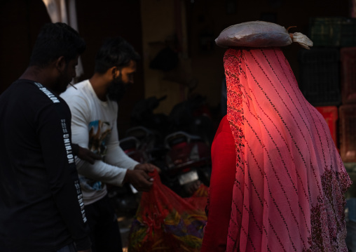 Indian woman in red saree in the market, Rajasthan, Jaipur, India