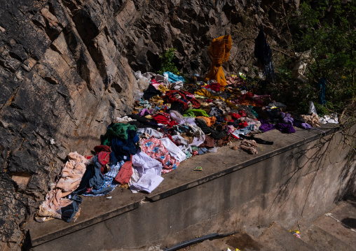 Clothes drying after bath in Galtaji temple, Rajasthan, Jaipur, India