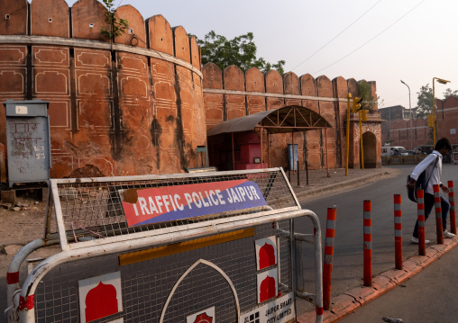 Traffic police barriers in the old town, Rajasthan, Jaipur, India