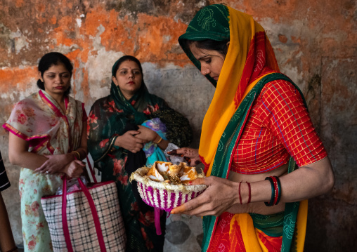 Indian woman making offerings in Galtaji temple, Rajasthan, Jaipur, India