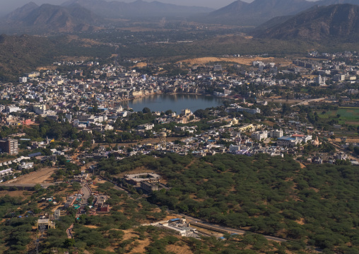 Elevated view of lake and town, Rajasthan, Pushkar, India