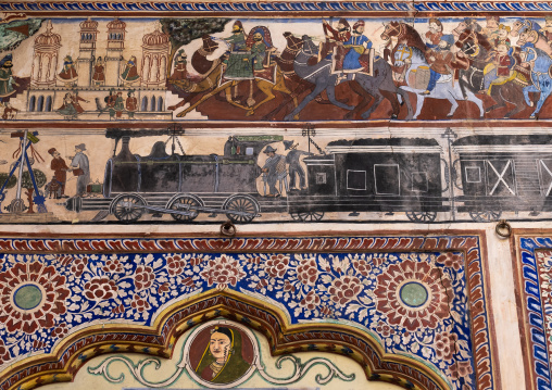 Wall paintings depicting a steam train on an old haveli, Rajasthan, Nawalgarh, India