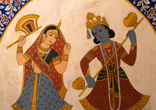 Old mural in a haveli depicting deities, Rajasthan, Nawalgarh, India