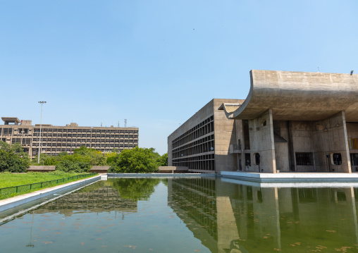 The Assembly building and reflecting pool by Le Corbusier, Punjab State, Chandigarh, India
