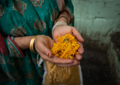 Indian woman offering some rice in Makhdoom Sahib Shrine, Jammu and Kashmir, Srinagar, India