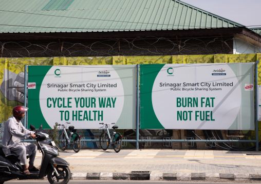 Billboard to promote bicycle use in town, Jammu and Kashmir, Srinagar, India