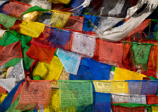 Buddhist prayer flags in the mountain, Ladakh, Namikala, India