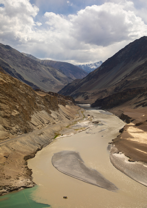 Aerial view of the confluence of the Indus and Zanskar rivers, Ladakh, Leh, India