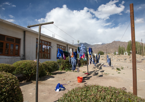 Clothes drying in a courtyard in Tibetan SOS children village, Ladakh, Leh, India