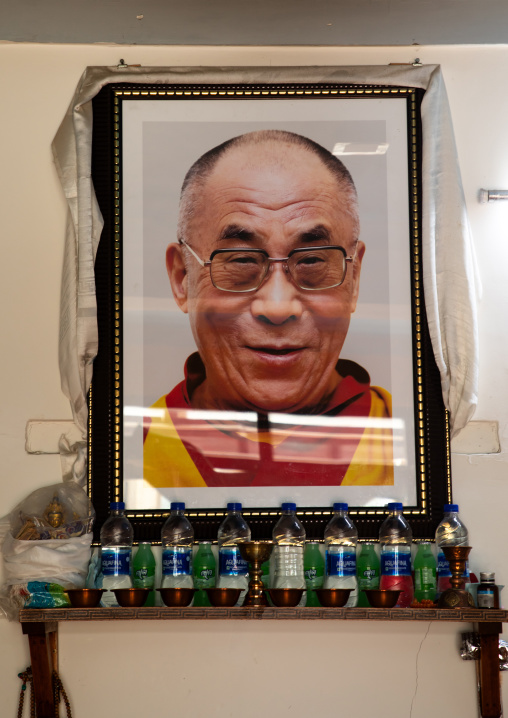 Dalai Lama portrait and offerings in Tibetan SOS children village, Ladakh, Leh, India