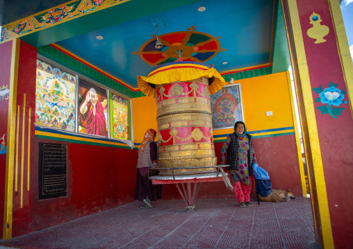 Prayer wheel with Dalai Lama portrait in Sonamling , Ladakh, Leh, India