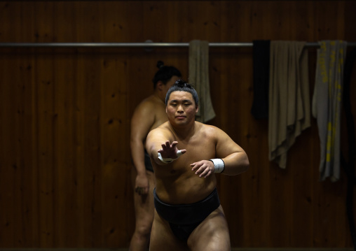 Sumo wrestler training in Tatsunami Beya sumo stable, Kanto region, Tokyo, Japan