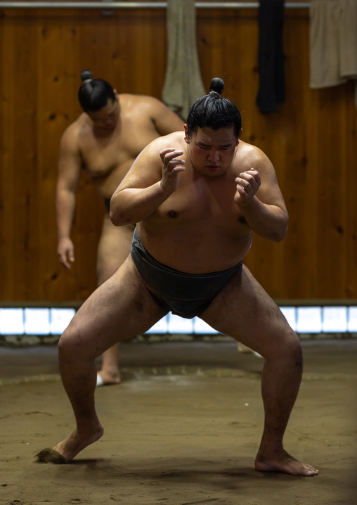 Sumo wrestlers training in Tatsunami Beya sumo stable, Kanto region, Tokyo, Japan