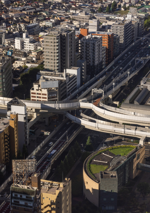 Aerial view of the city and highways, Kanto region, Tokyo, Japan