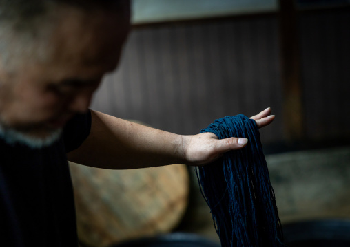 Kurume Kasuri indigo dyeing process in Aika Tanaka Kasuri Kobo workshop, Kyushu region, Chikugo, Japan