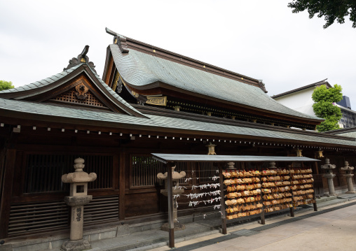 Ema small wooden plaques with wishes and prayers at Kushida shrine, Kyushu region, Fukuoka, Japan