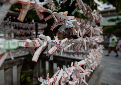 Omikuji Japanese fortune paper wrapped at Kushida-jinja shinto shrine, Kyushu region, Fukuoka, Japan