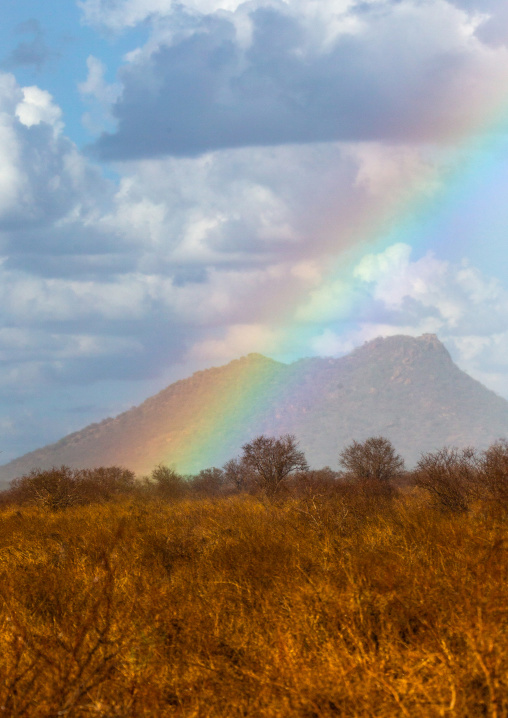 Rainbow in front of a mountain, Coast Province, Tsavo West National Park, Kenya