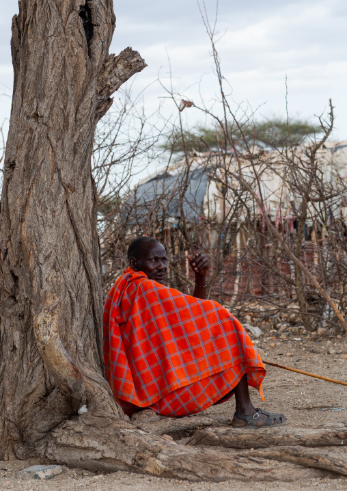 Samburu man sit under a tree, Samburu County, Samburu National Reserve, Kenya