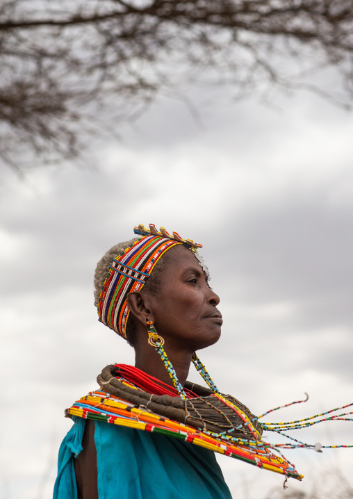 Portrait of a Samburu woman with a huge necklace, Samburu County, Samburu National Reserve, Kenya