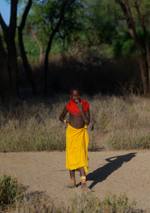 Portrait of a Samburu tribe girl with a huge red necklace, Marsabit District, Ngurunit, Kenya
