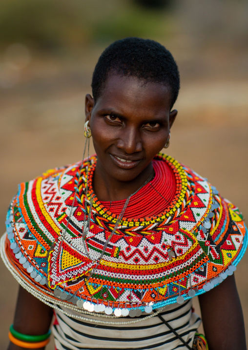 Portrait of a Samburu woman with huge necklaces, Marsabit District, Ngurunit, Kenya