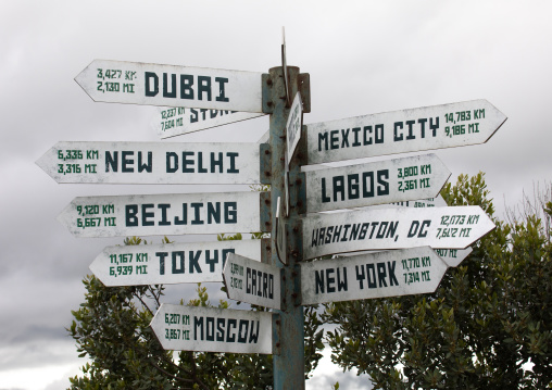 Billboards with towns distance on the equator, Samburu County, Samburu National Reserve, Kenya